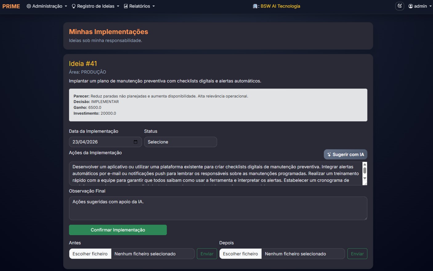 Tela de implementação de ideia